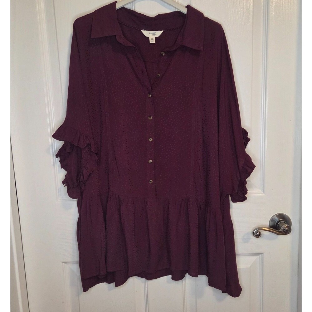 Terra & Sky Womens Size 0X (14W) Cranberry Ruffle Trim Babydoll Top Plus Size